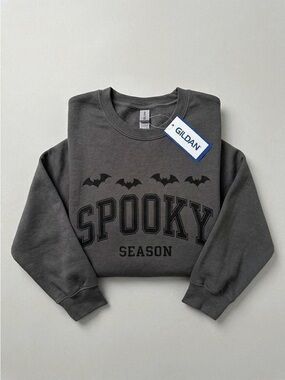 Varsity Spooky Season Sweatshirt Vintage Bats Grey Halloween Crewneck